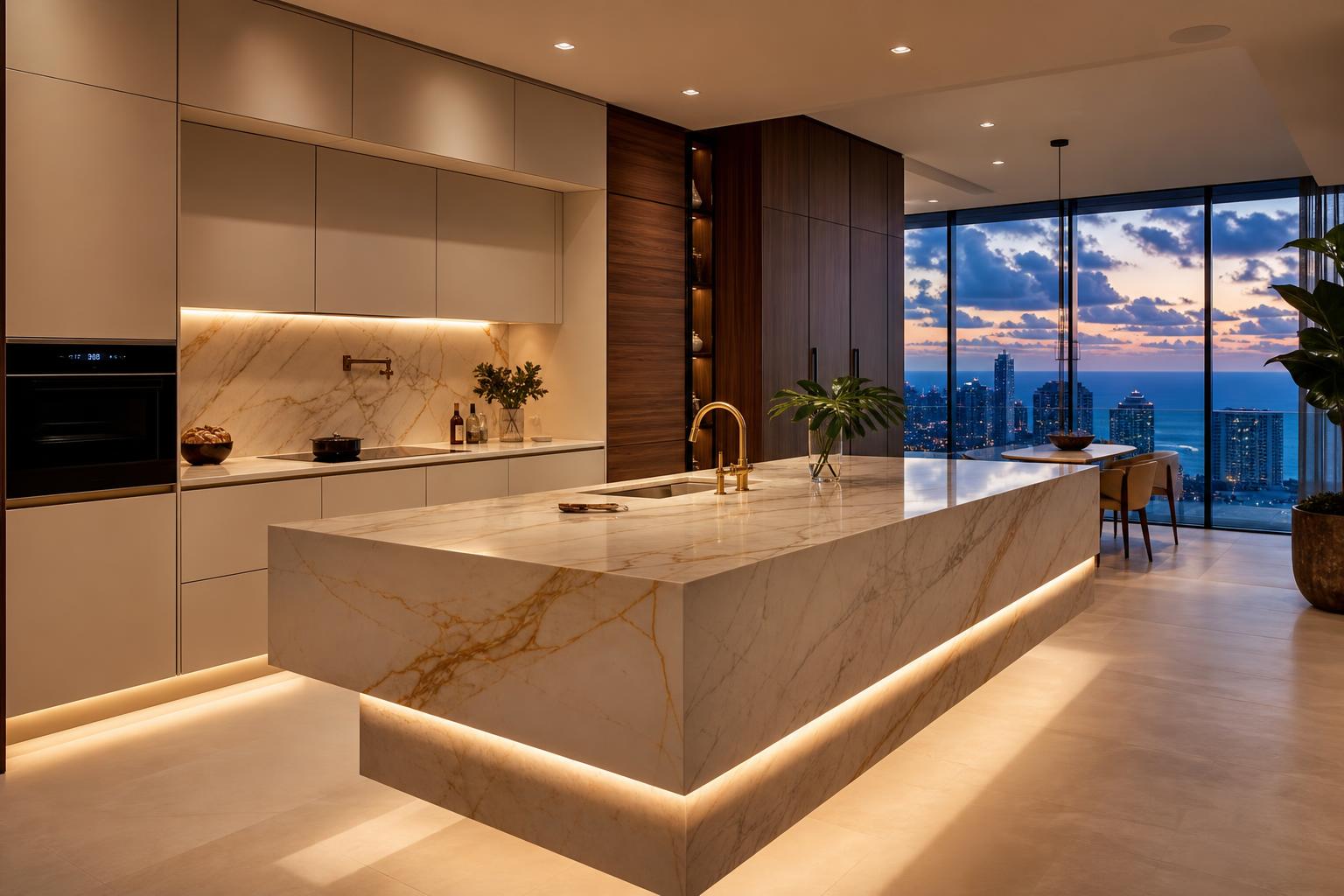 Frameless handleless kitchen overlooking the Atlantic from a South Florida high-rise